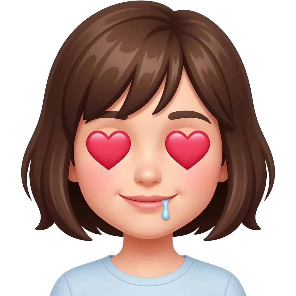 Crea un emoji estilo iPhone Barbona con cabello corto morena con corazones den los ojos y babeando de amor emoji
