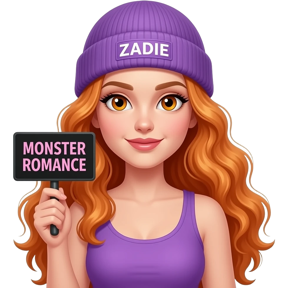 sexy girl with overlong wavy ginger hair and ginger eyes wearing a purple tanktop and a purple beanie with ZADIE written on it, is holding a black sign with MONSTER ROMANCE written on it emoji