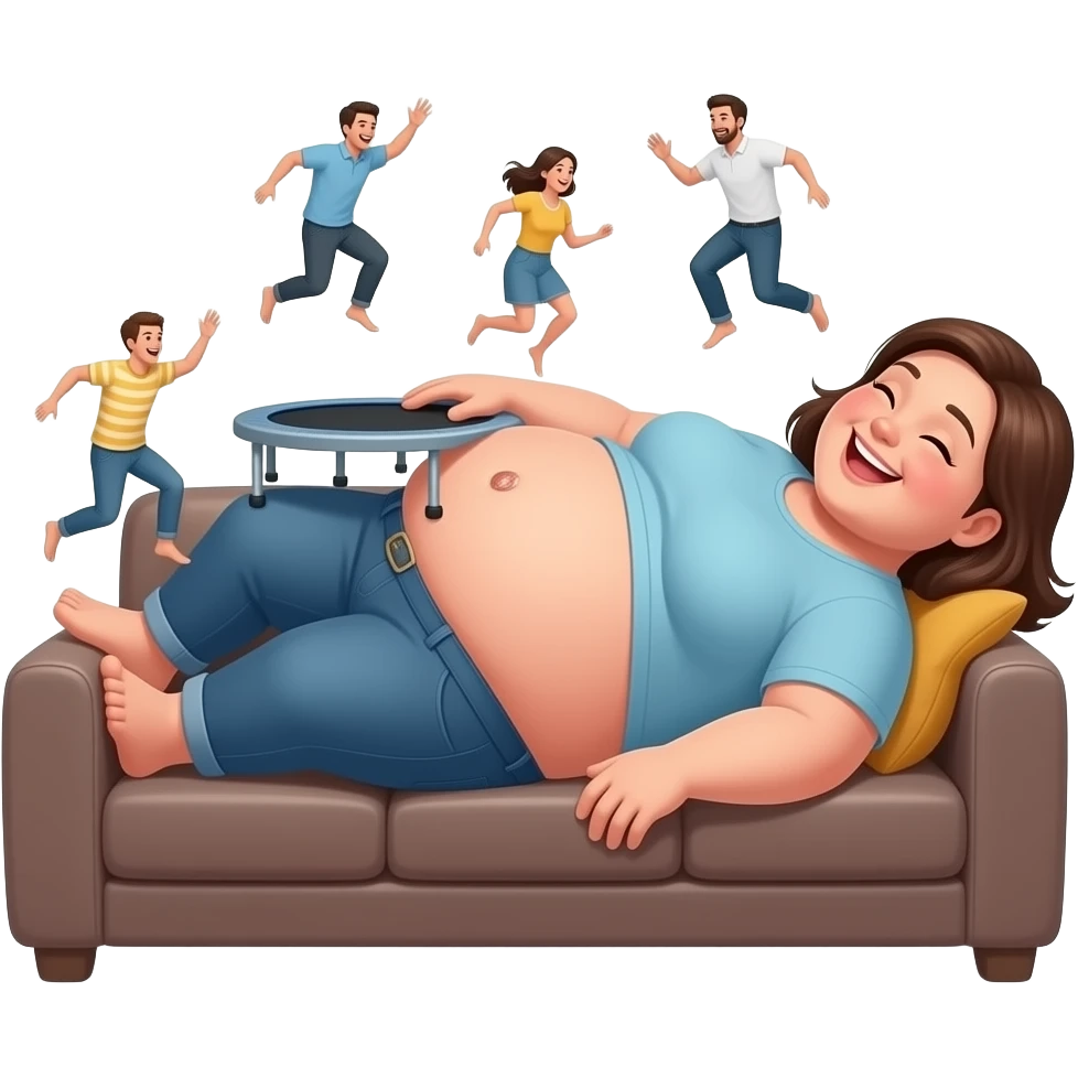 A female giant rests on a recliner sofa,with friendly gentle manner she hangs out her overfed rotund exposed belly,so the volunteer admirers can use the girl’s bouncy belly to do some jumping on like a jelly trampoline,The female giant giggles because her bellybutton is ticklish. emoji