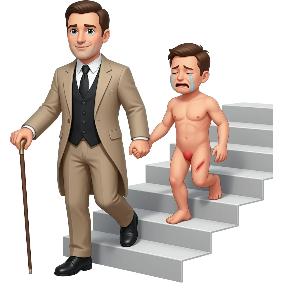 A stern clothed man with a thin whippy cane is leading by the hand and dragging a small, crying, naked man up a flight of stairs, walking up towards the top,top,by the ear, his red buttocks are very bruised. emoji