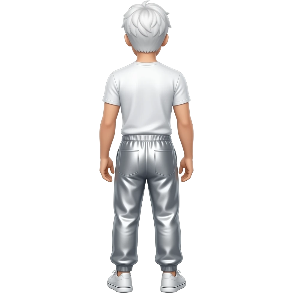 xQc from behind with white blonde hair, white metallic t-shirt, light grey metallic saggy joggers emoji