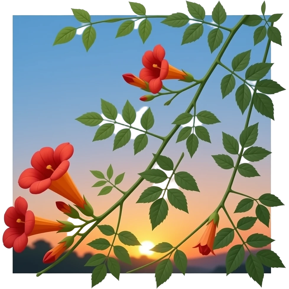 Realistic circular image (no white border): Campsis at dusk, tubular ...