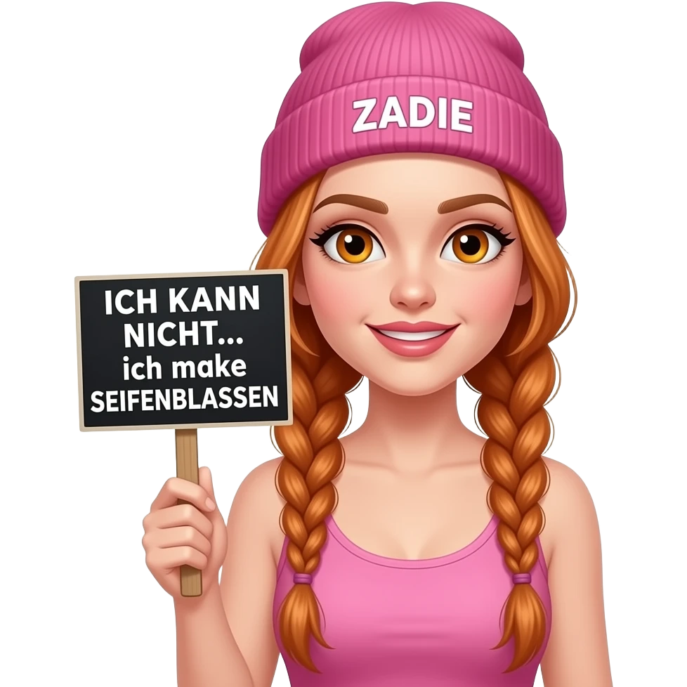 sexy girl with overlong ginger braids and ginger eyes wearing a pink tanktop and a pink beanie with ZADIE written on it, is holding a black sign with ICH KANN NICHT... ich mache SEIFENBLASEN written on it emoji