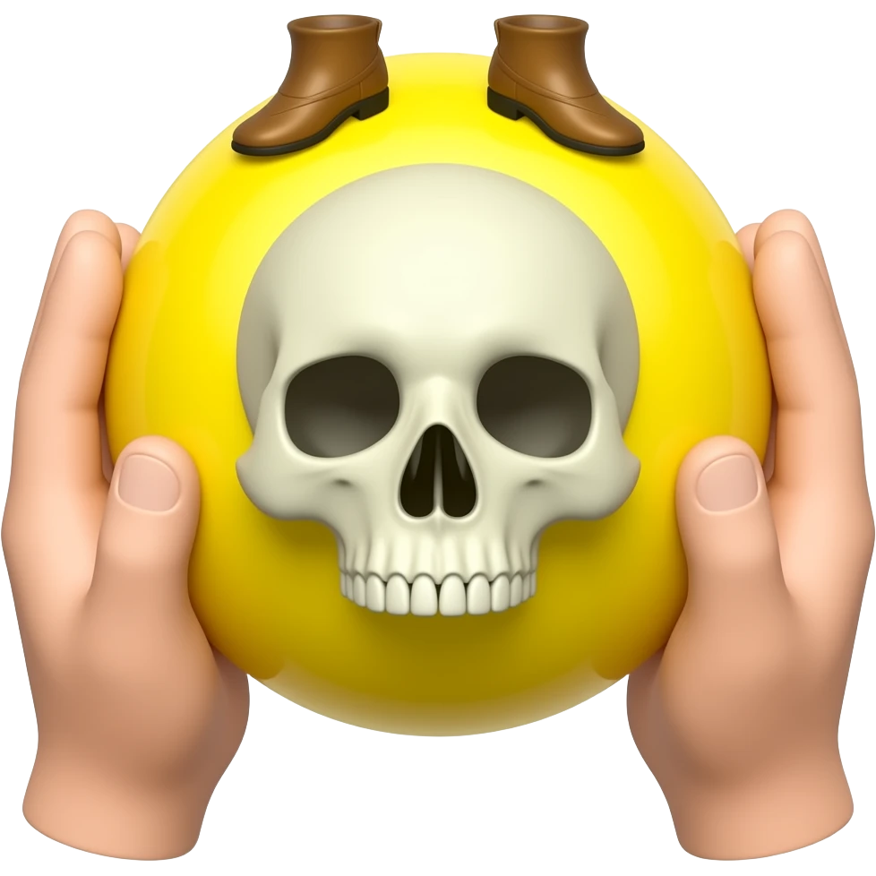 两只手左右扶着一个黄色圆 圆的上面有两只脚 圆的中间有一个骷髅头 emoji