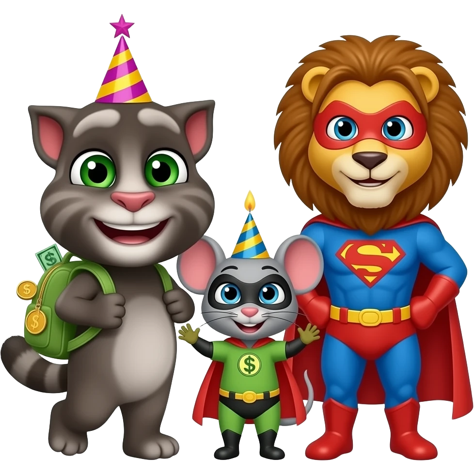 Mimi Talking Tom walking Mimi raccoon running money backpack with coin I add superhero Tom I add superhero lion I add superhero mouse Happy birthday mouse superhero emoji