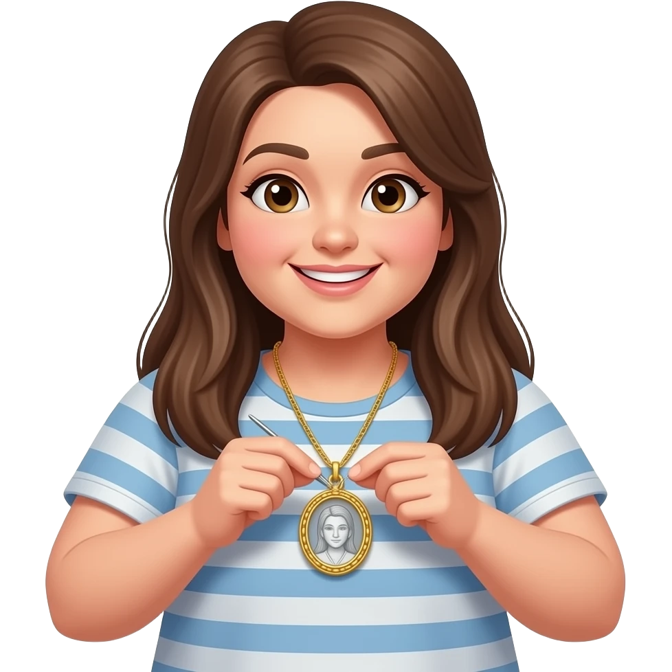 A woman in her 20s with long, straight brown hair; she is slightly overweight, has a cheerful disposition, and is a jewelry maker who works with gold and silver emoji
