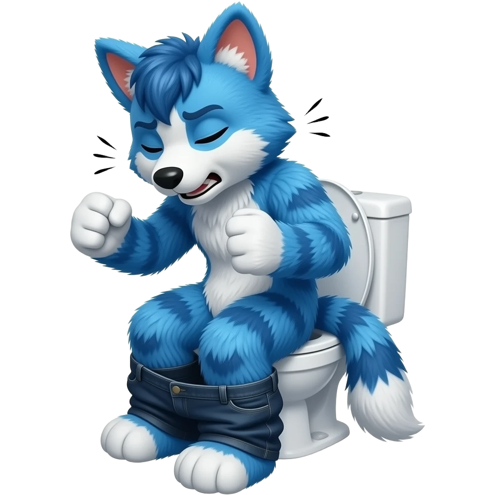 blue furry fursuit sitting on toilet, side view, pants down, straining face, eyes closed, pushing, squeezing,  both fists, straining emoji