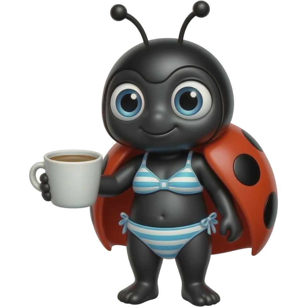 Bug with a bathing suit on and coffee emoji