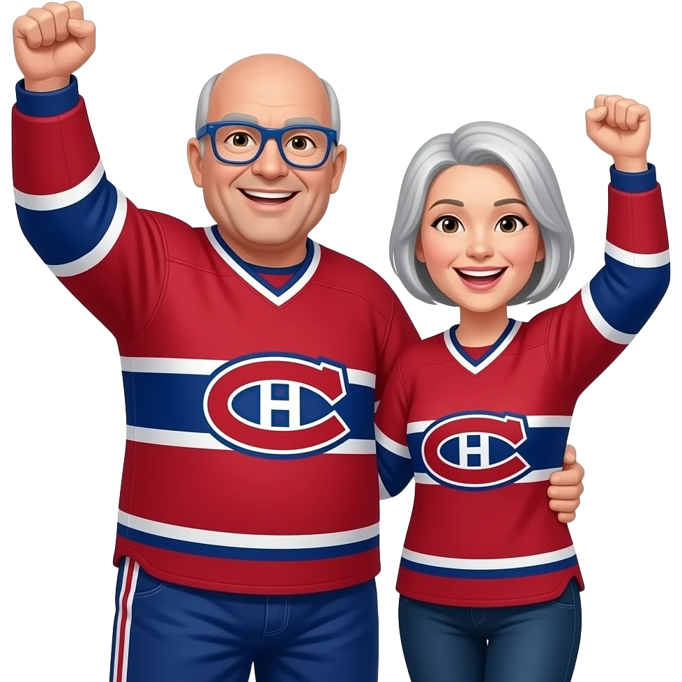 50 year old 180 lbs man, completely Bald, no hair, brown eyes, wearing blue glasses and montreal canadiens jersey with short light gray haired woman wearing the same both have their arms raised cheering emoji