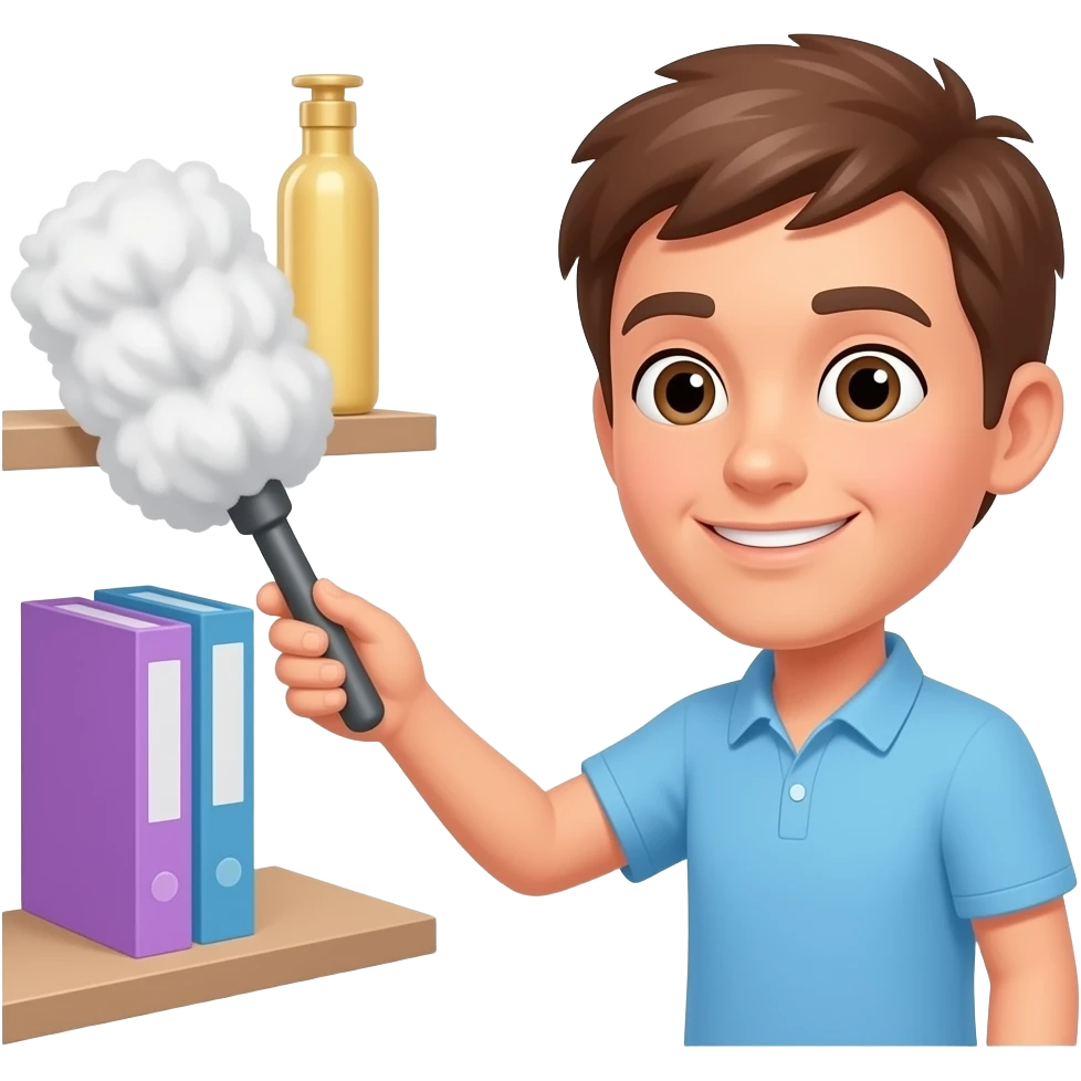 Removes dust from the shelf using Microfiber duster emoji
