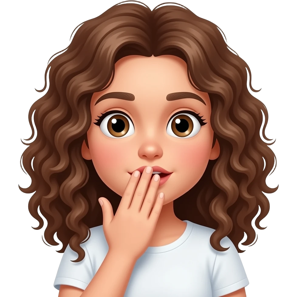 emoji de una chica con el pelo rizado de piel clara tapandose la boca con la mano y cara de sorpresa emoji