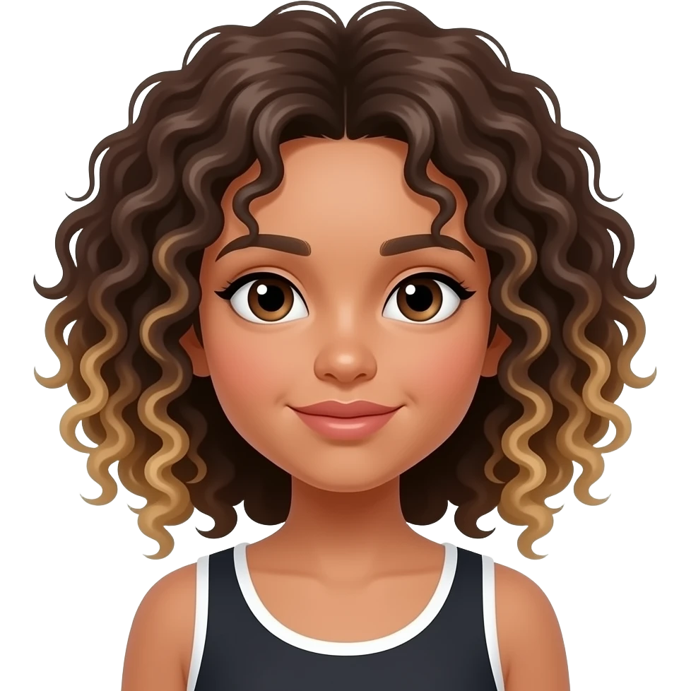 Mixed race black and white girl with brown curly hair and blond hair tips and slightly slanted eyes emoji