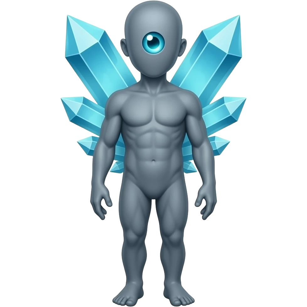 Weird Crystal humanoid thing with crystals growing on its back in glowing blue eyes with a gray body with a growing with no mouth with glowing blue eyes with a single blue glowing eye full body emoji