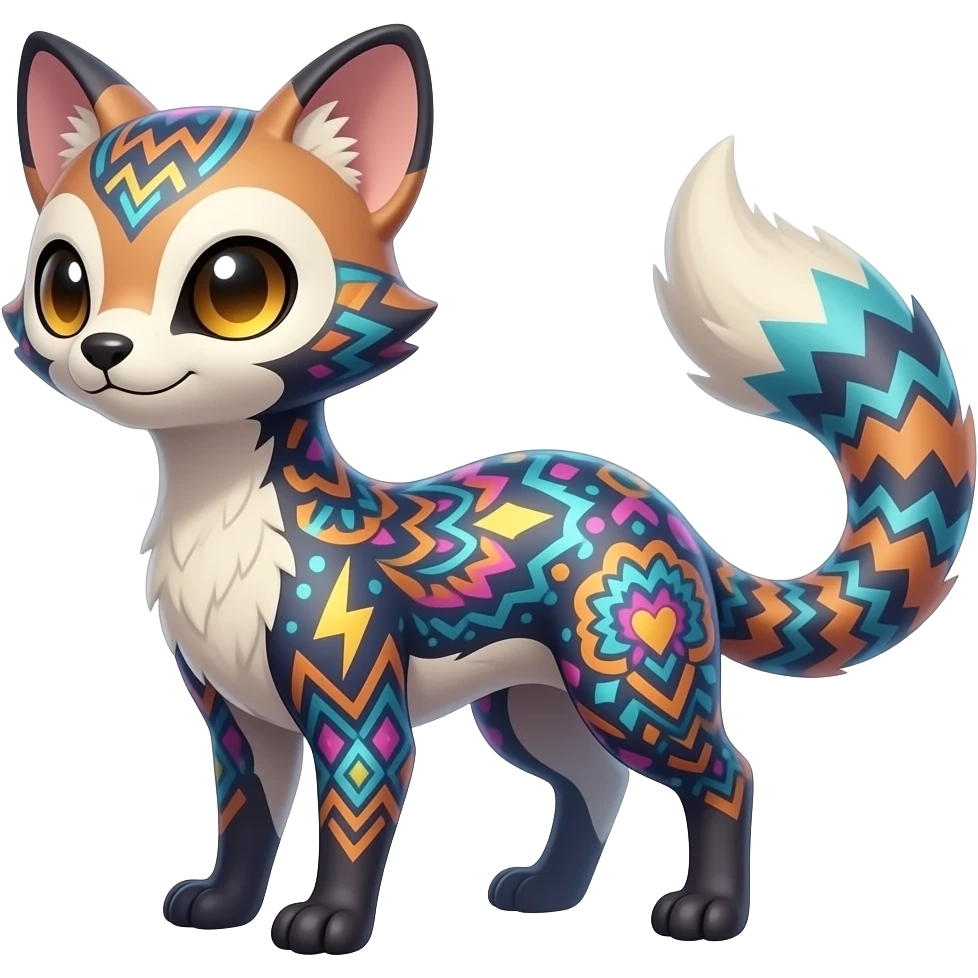 Colorful scaly soft spunky elegant thin Realistic tall slim unique fantasy original shiny smooth soft flurry edgy cool Civet-Absol-Sprigatito-Vaporeon-Fakémon-hybrid with tribal chevron heart floral lightning bolt strikes damask paisley markings emoji