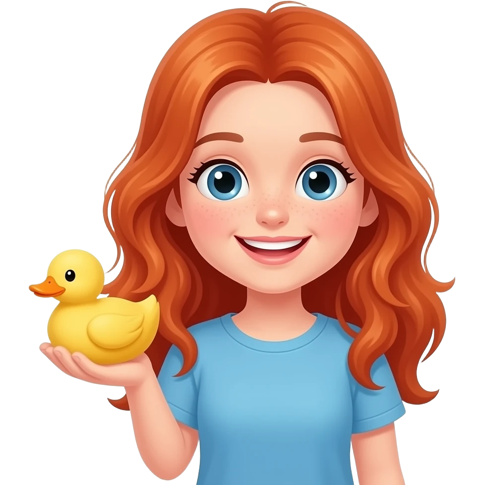red headed pre teen girl smiling holding a duck emoji