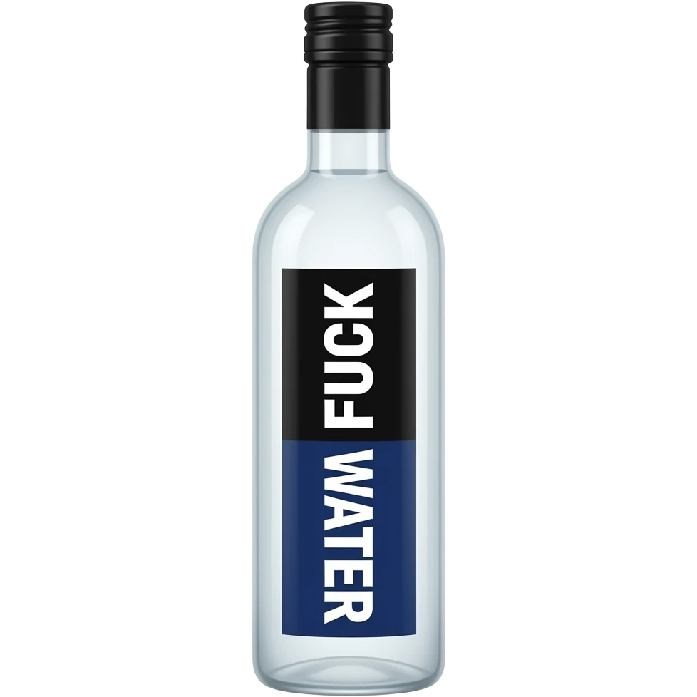 long very skinny bottle with a black cap with white liquid in it with a white and dark blue vertical label that says FUCK WATER but the fuck is white text with a black background and water is white text with a navy blue background so it’s split in half. but the label is vertical side by side emoji