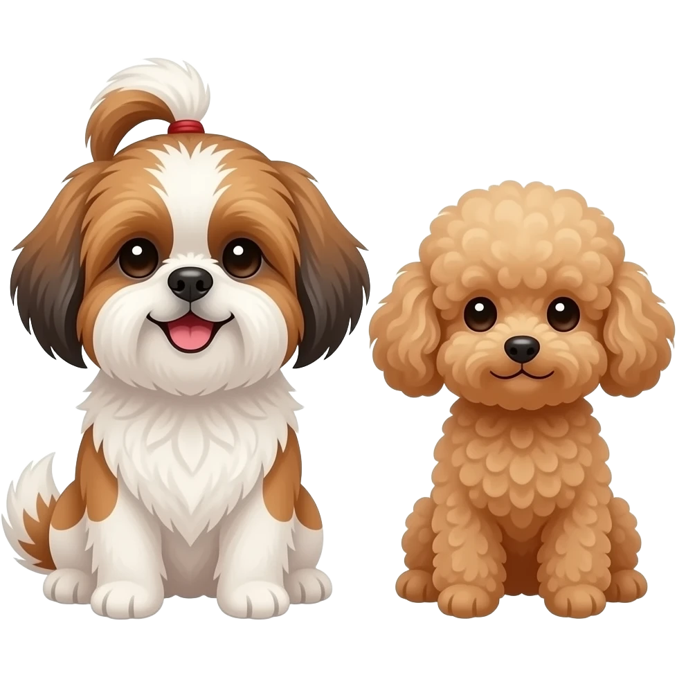 Smiling cute hair tied medium brown and white Shihtzu and light brown small toypoodle  sitting emoji