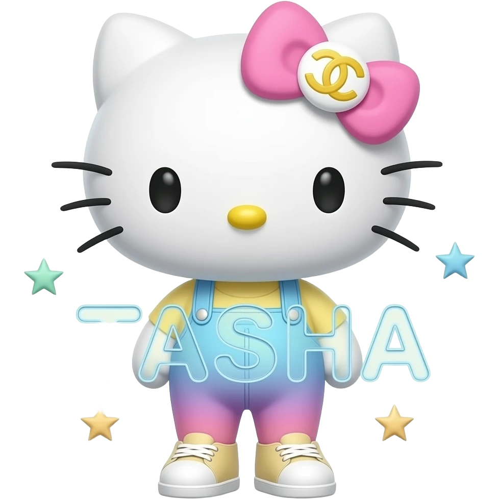 4D Velvety fur hello kitty wearing ombre white and blue and pink yellow ombre pastel colored leggings and sneakers, and with the Chanel symbol on her ombre pastel bow sitting sideways leaning back on top of the velvety 3D outlined letters TASHA surrounded with tiny ombre pastel stars made of candy emoji