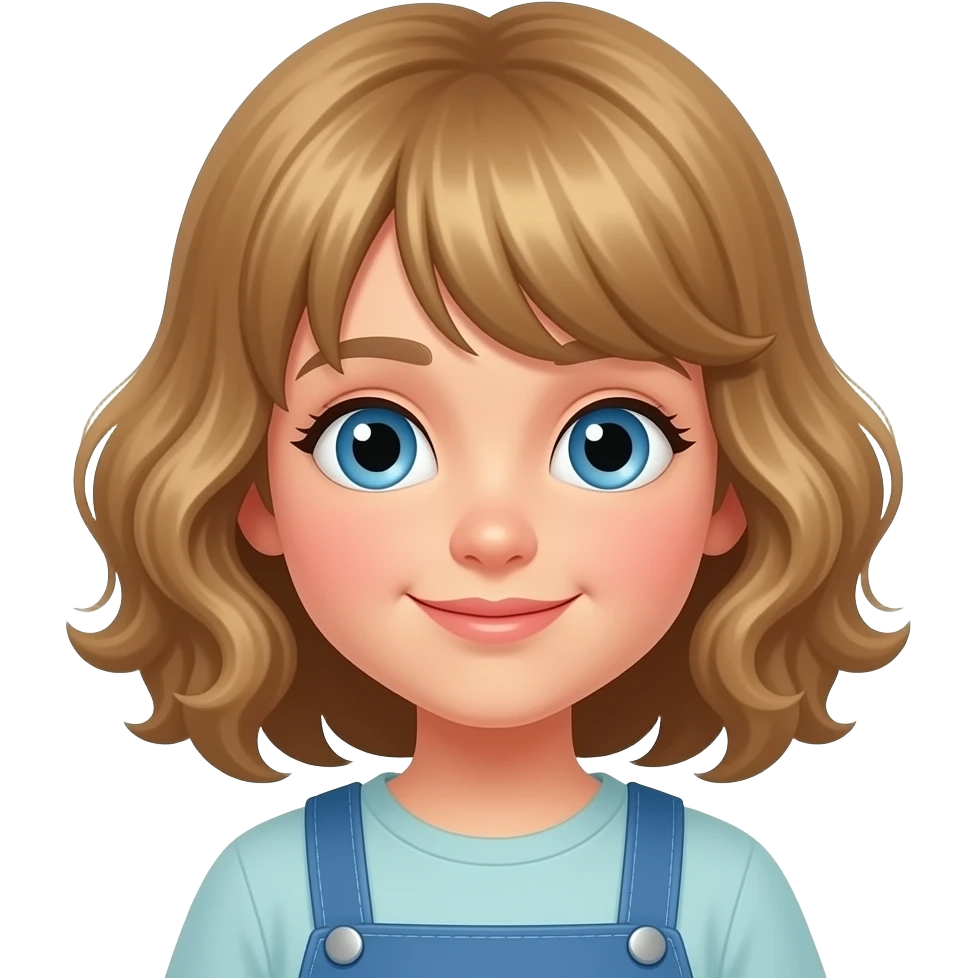 white kid blue eyes mid length hair to shoulders with bangs soft curly hair to shoulders in color: middle to little darker blond. house chores. emoji