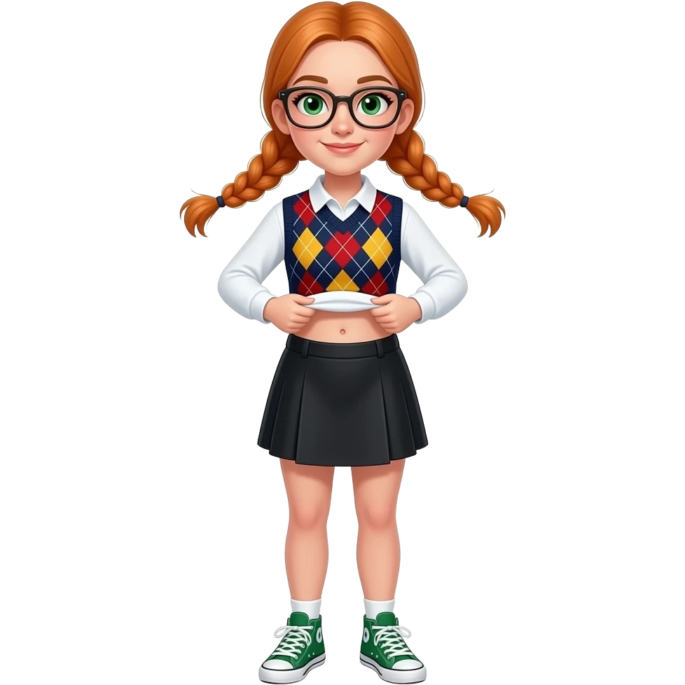 17 year old white woman green eyes orange braided pigtails rectangle glasses white long sleeved polo argyle dark blue red and yellow vest black skirt white and green sneakers lift her shirt up to show belly button emoji