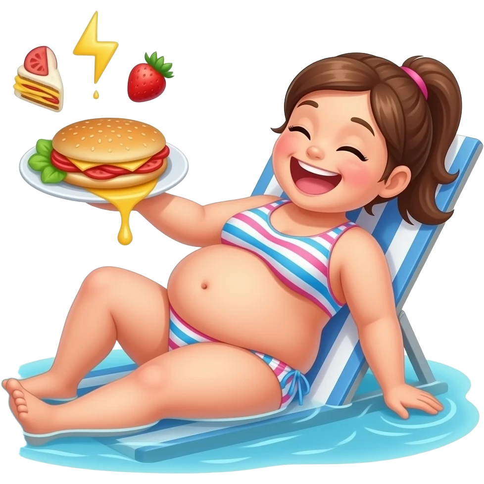 A girl enjoys beach holiday in her swimmers,but she is so full from a lunch break that she is about to burst,Then her fat Tummy rolls & drops out,she will just lay on her back in the shallow cool water,her gluttonous belly promotes a good resort business. emoji