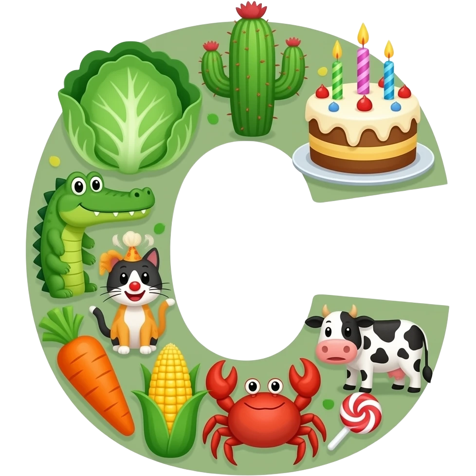 Letter c🥬🌵🎂🐊🐈🐛🥕🌽🤡🐄🍬🦀 emoji