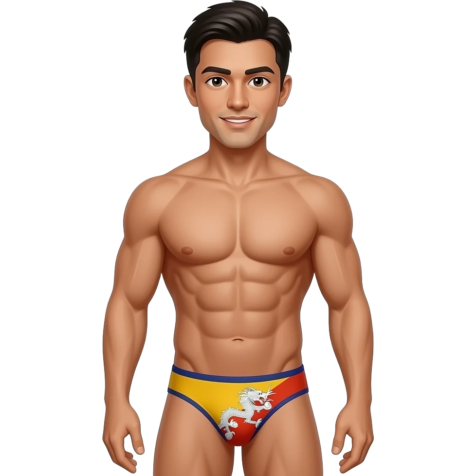upper body (thighs-up) man with bhutanese face, hair, and body standing with muscular build in thin, narrow thong with bhutan flag theme emoji