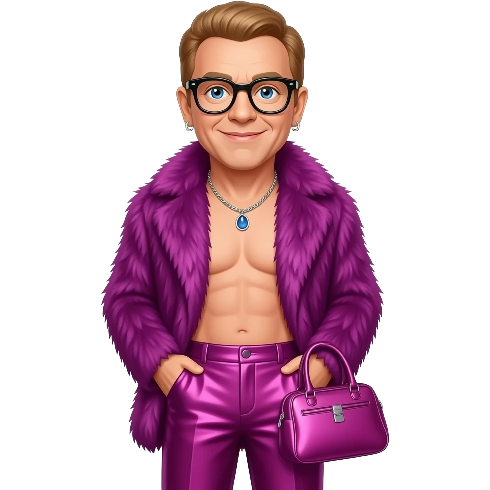 Elton John with blue eyes, light brown hair, black glasses, magenta fur shawl, magenta metallic baggy pants, shirtless with necklace and earrings emoji