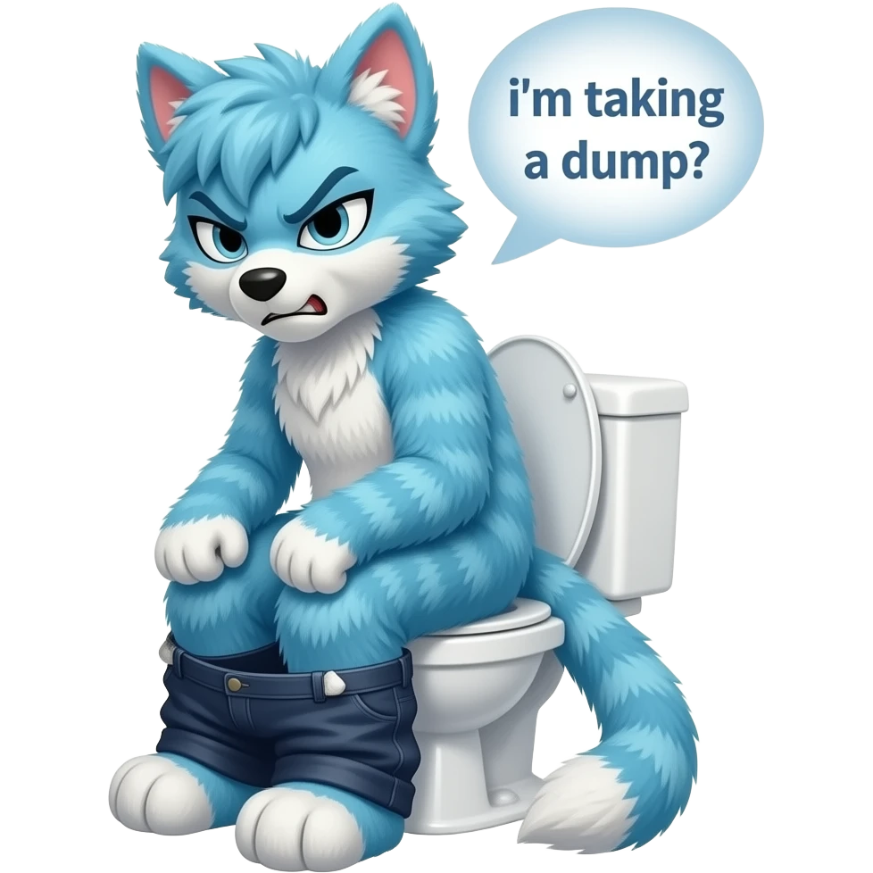 blue furry fursuit sitting on toilet, side view, pants down, looking forward with angry face, textbox saying " i'm taking a dump" emoji