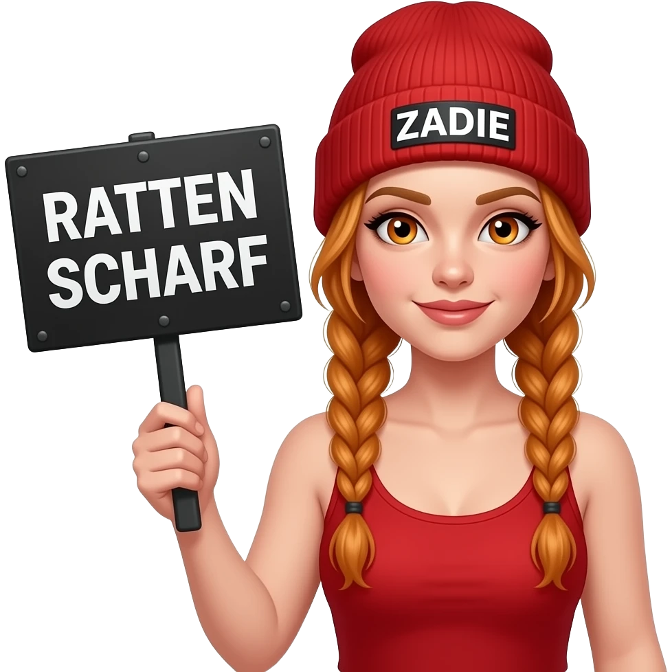 sexy girl with overlong ginger braids and ginger eyes wearing a red tanktop and a red beanie with ZADIE written on it, is holding a black sign with RATTEN SCHARF written on it emoji