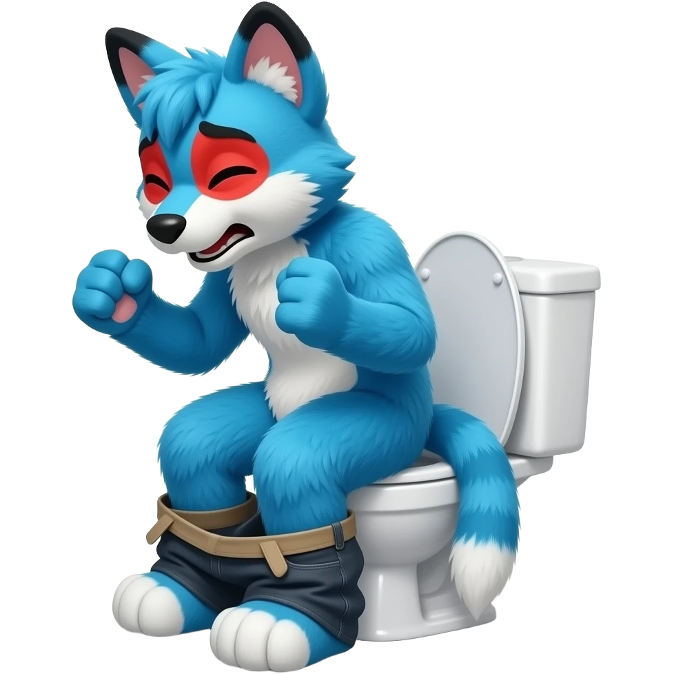 blue fursuit sitting on toilet, side view, pants down, straining red face, both fists emoji