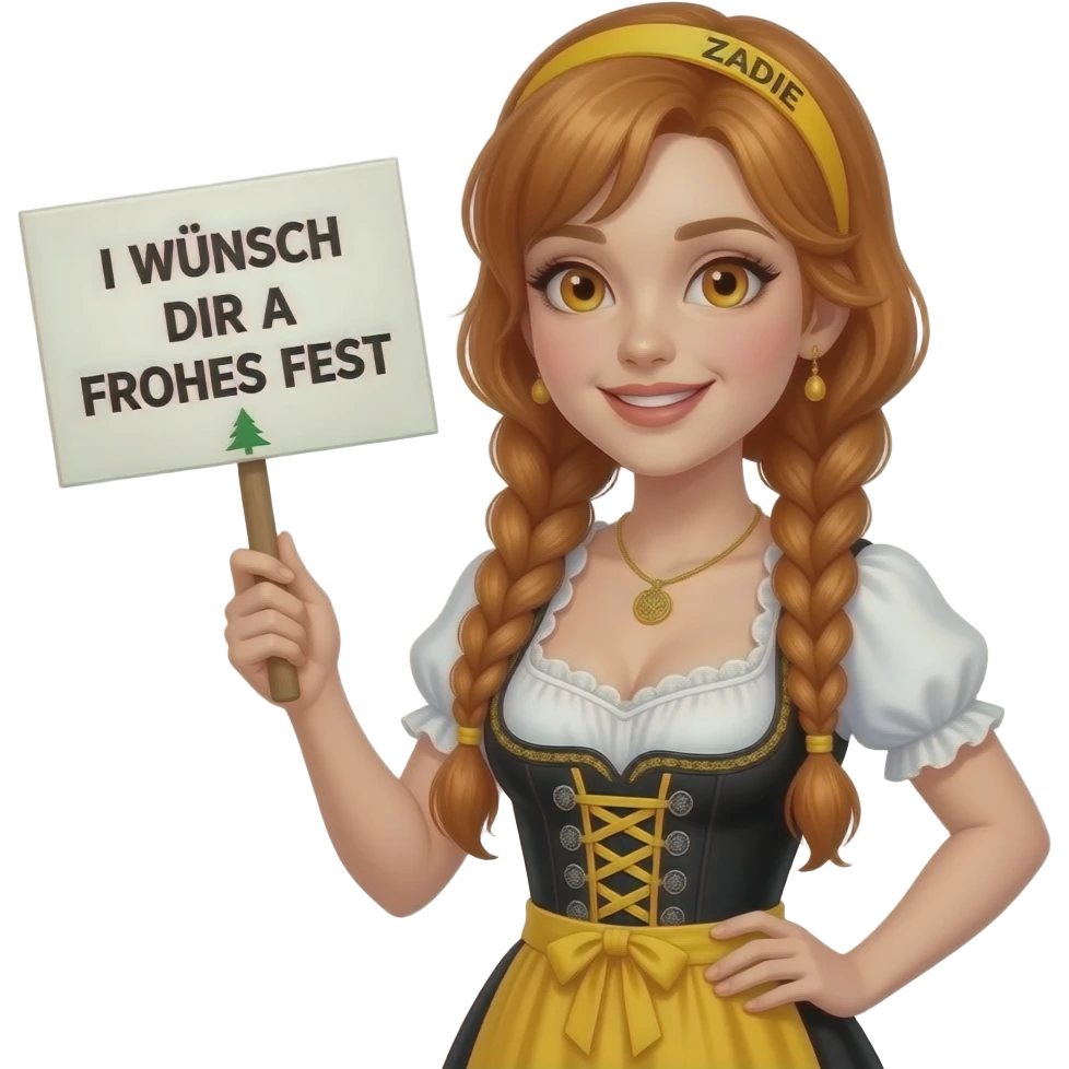 sexy girl with overlong ginger braids and ginger eyes wearing a black yellow dirndl and a yellow headband with ZADIE written on it, is holding a sign with I WÜNSCH DIR A FROHES FEST 🎄 written on it emoji