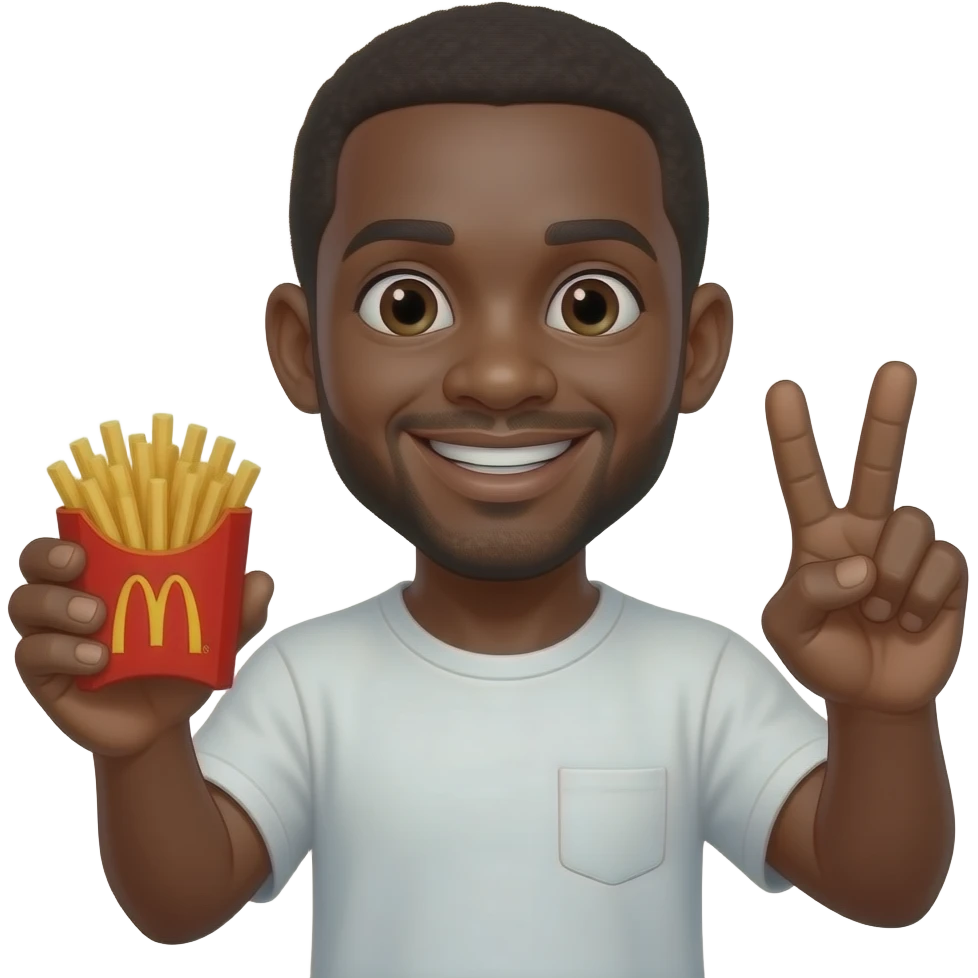 Man emoji who’s black with mc Donald’s small fry in on hand and peace sign with other while smiling emoji