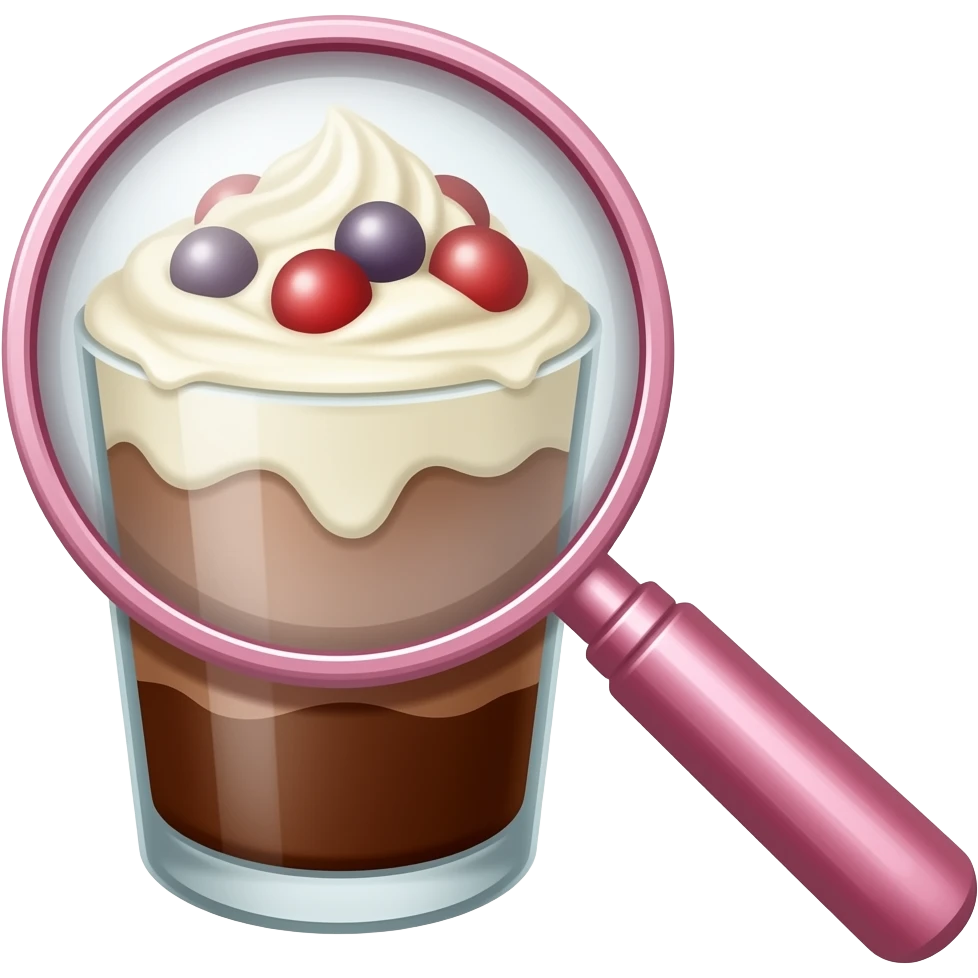 Lupa rosada viendo un vaso de chocolate y crema blanca  y frutas emoji