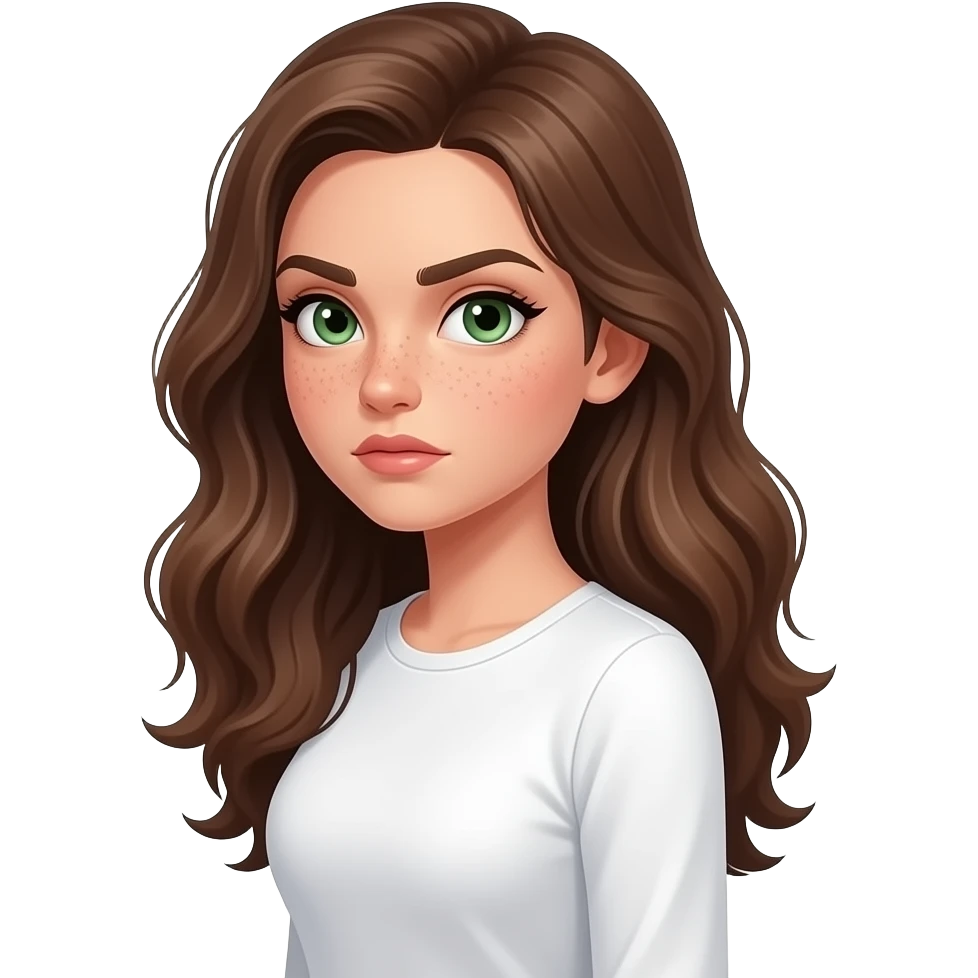strong face expression very visible judgmental, cartoonish, caricatured, grotesque, suspicious side-eye meme by Brown wavy long haired with green eyes eyebrows raised cute face with freckles pretty girl in cute  white top with long sleeve strong side view emoji