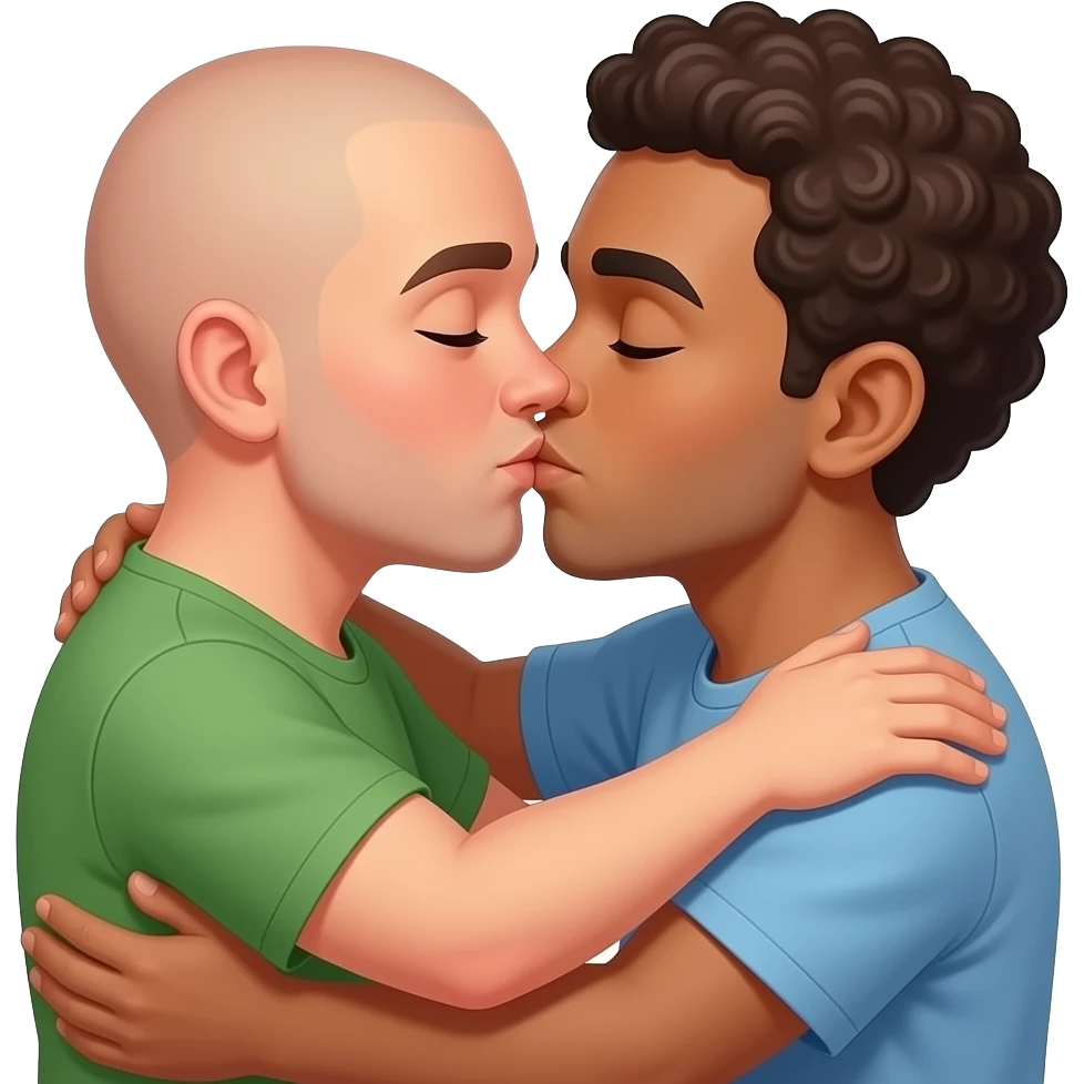 2 gay man: one bold and one brown with a Afro haircut, hugging and kissing in a very loving way emoji