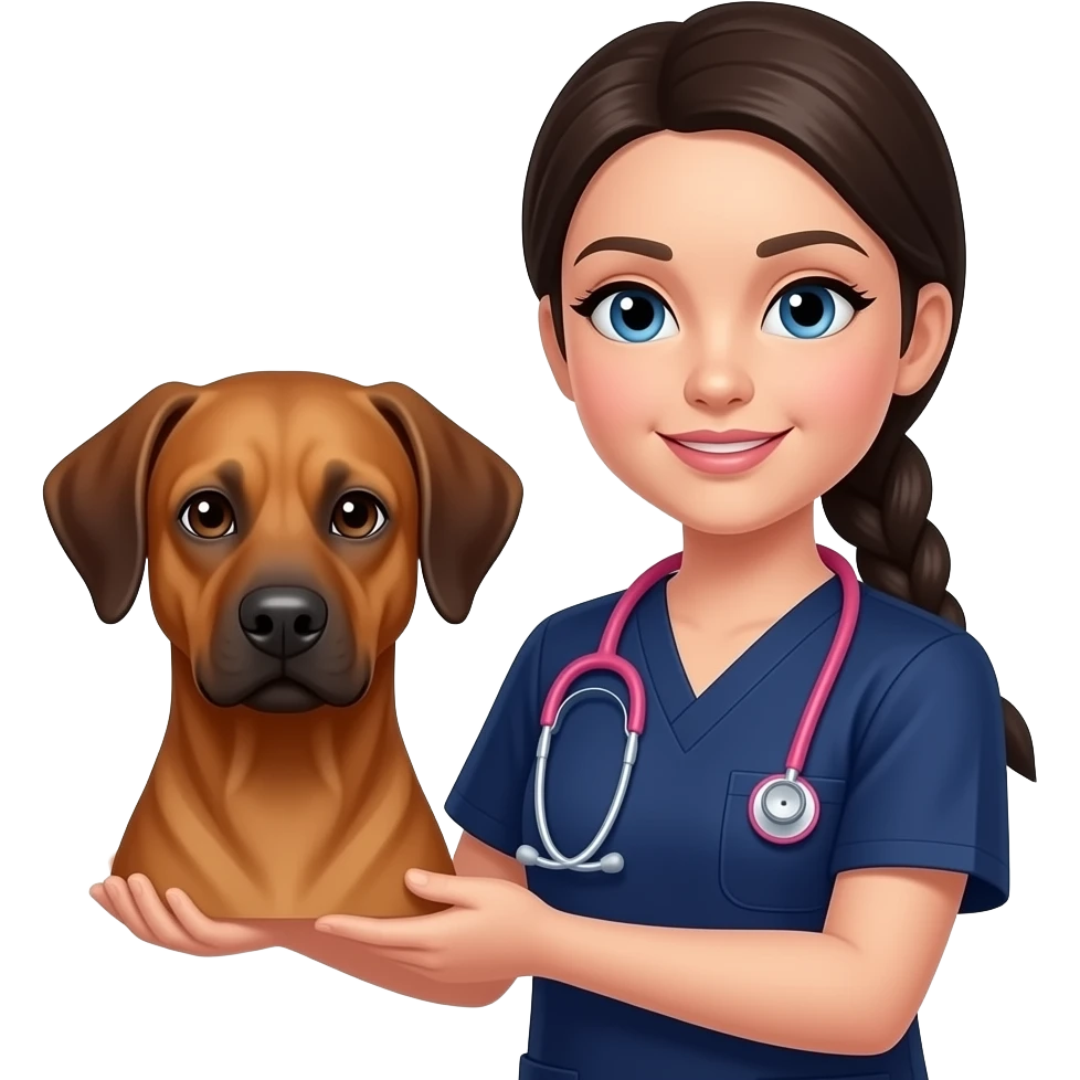 Vet nurse dark hair in 1 plait blue eyes pink stethoscope navy scrubs holding a Rhodesian ridgeback emoji