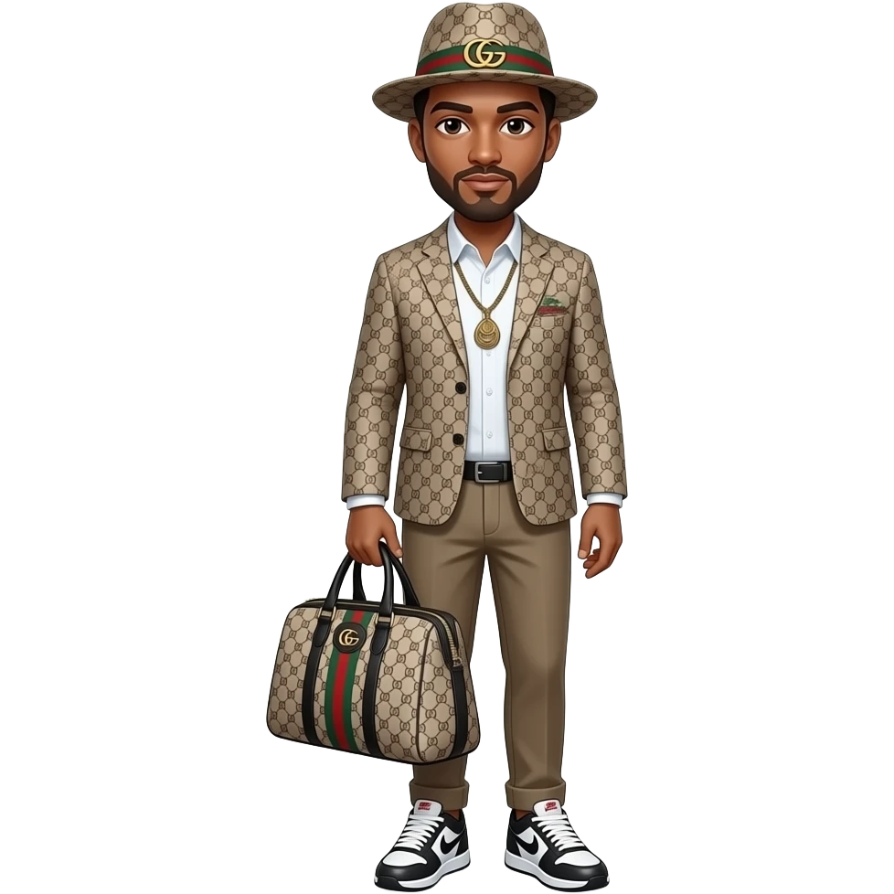 a man with a lacoste set, a gucci bag, a gucci hat and nike shoes emoji