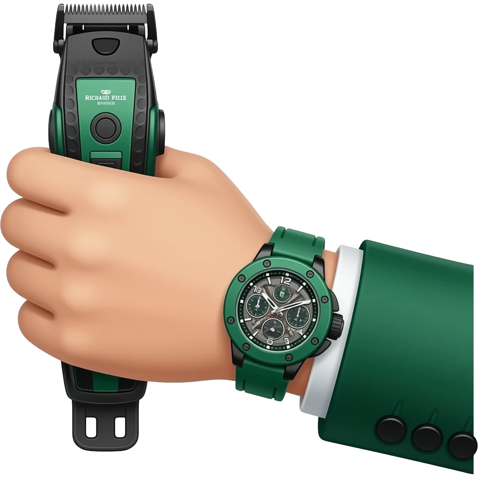 create me a hand which is holding a trimmer, and have green richard mille watch on and have green suit. Do so many details of watch and suit and the trimmer. Give a lot of details to this suits sleeves, same on watch 4k details. isolated and centered with padding on both sides to avoid cropping. emoji