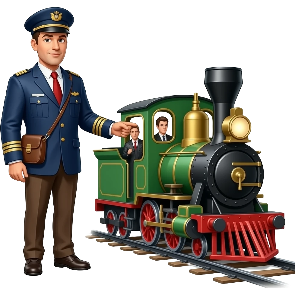 Poster for SteamWorks: "The little train that couldn't". Gay leatherman train conductor, gay leatherman passengers.. emoji