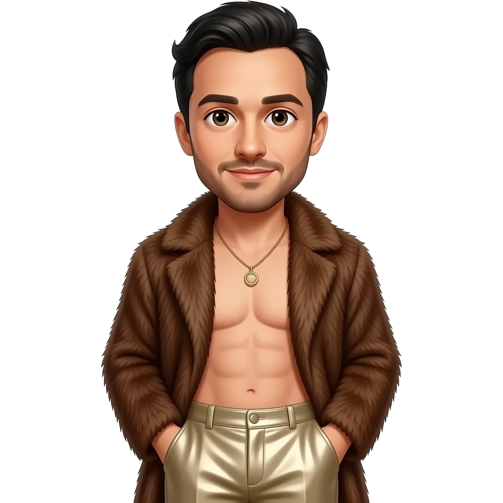 Joseph Gordon-Levitt with dark brown eyes, black hair, brown fur shawl, beige metallic baggy pants, shirtless with necklace emoji