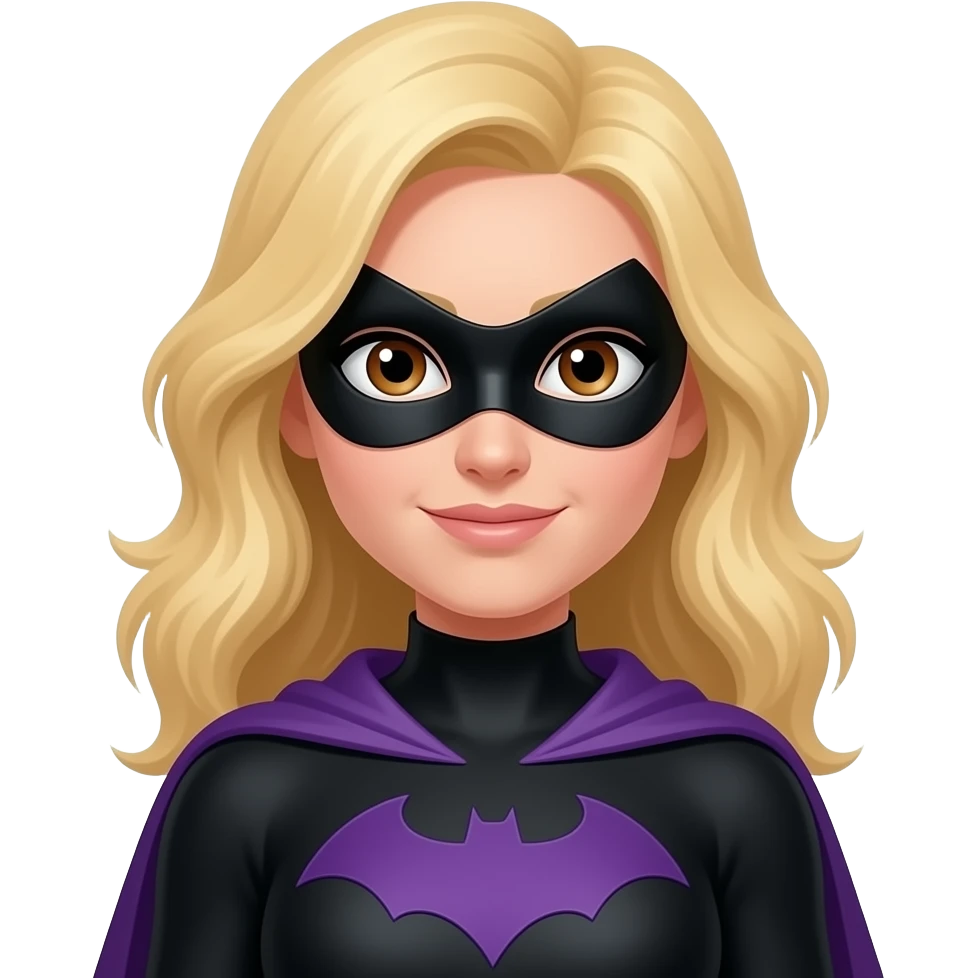 Super hero, blond flowy hair, black costume, purple cape, brown eyes, black domino mask emoji
