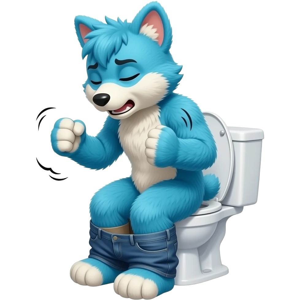 blue furry fursuit sitting on toilet, side view, pants down, straining face, eyes closed, pushing, squeezing, both fists, straining, emoji