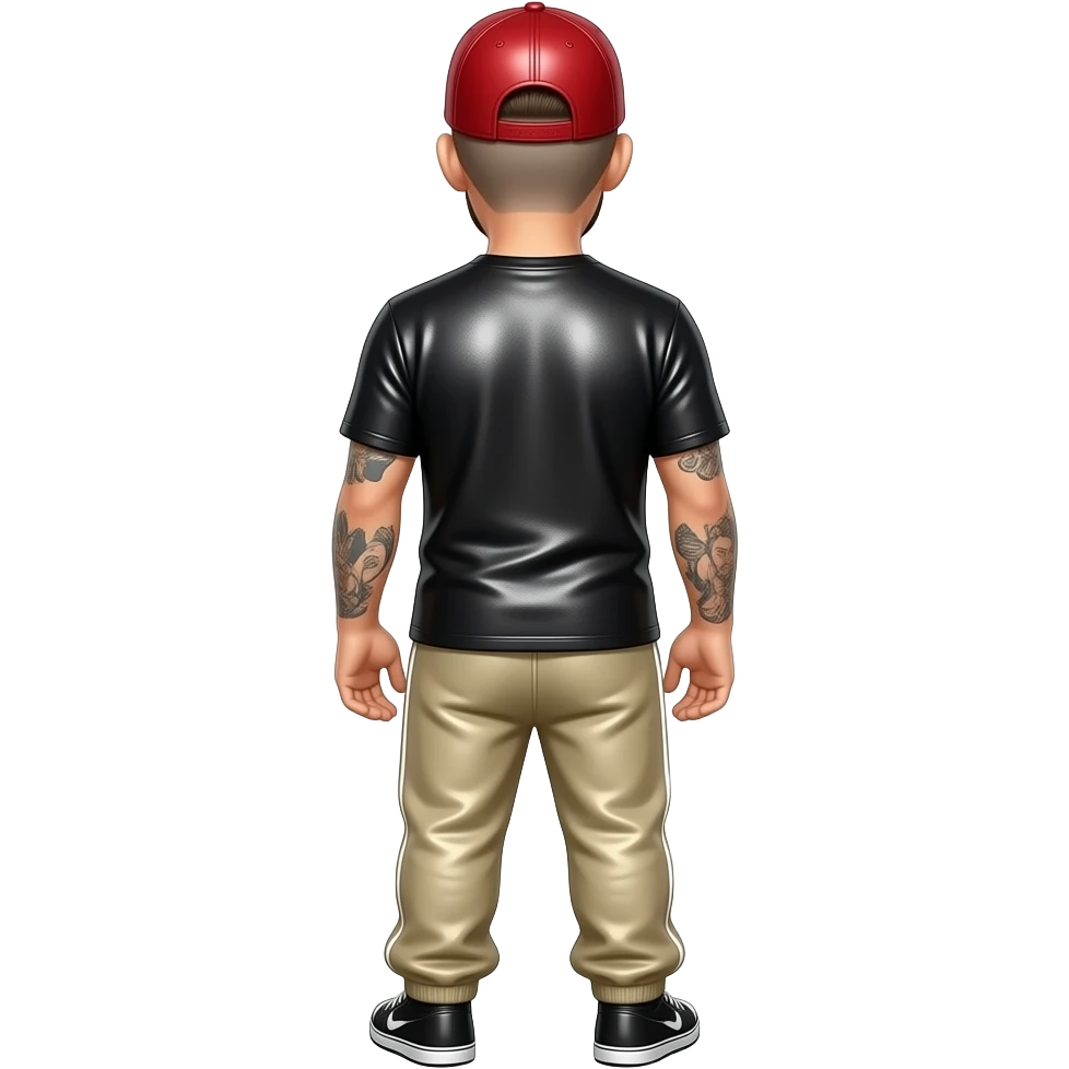 Fred Durst from behind with buzz cut hair, red metallic cap, black metallic shirt, beige metallic faux loose sweatpants emoji