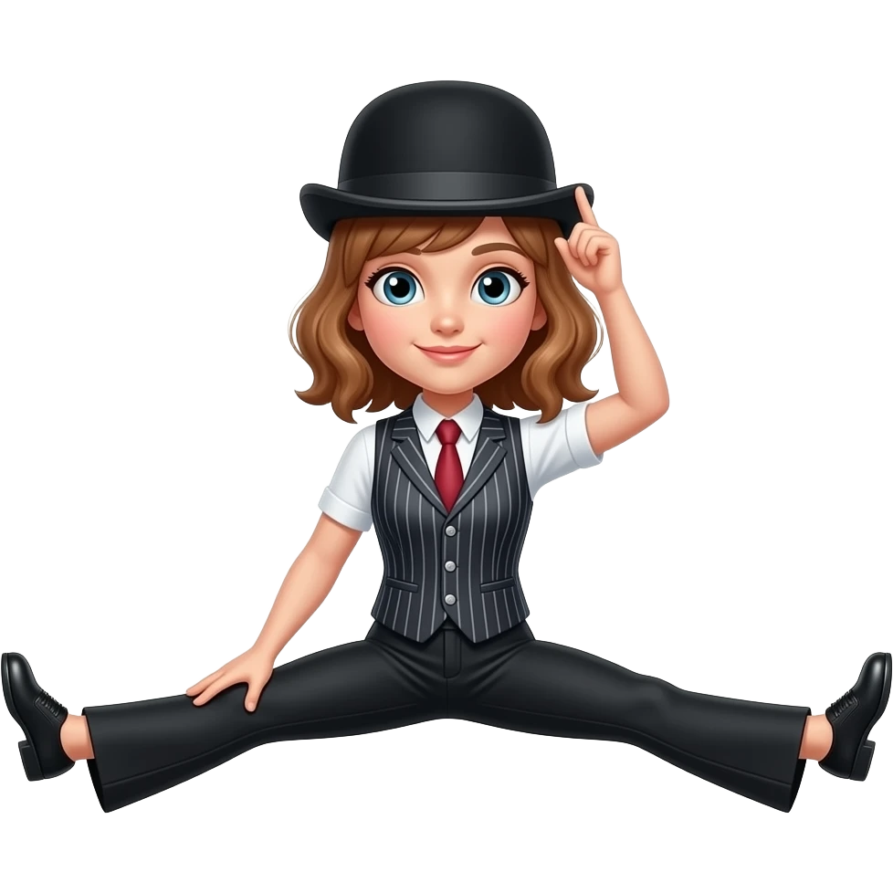 One girl light brown hair, with a bowler hat. Wearing black flared leggings and a stripe waistcoat. Doing a big dance split leap with her legs in splits. With one leg/toe nearly touching her head please emoji