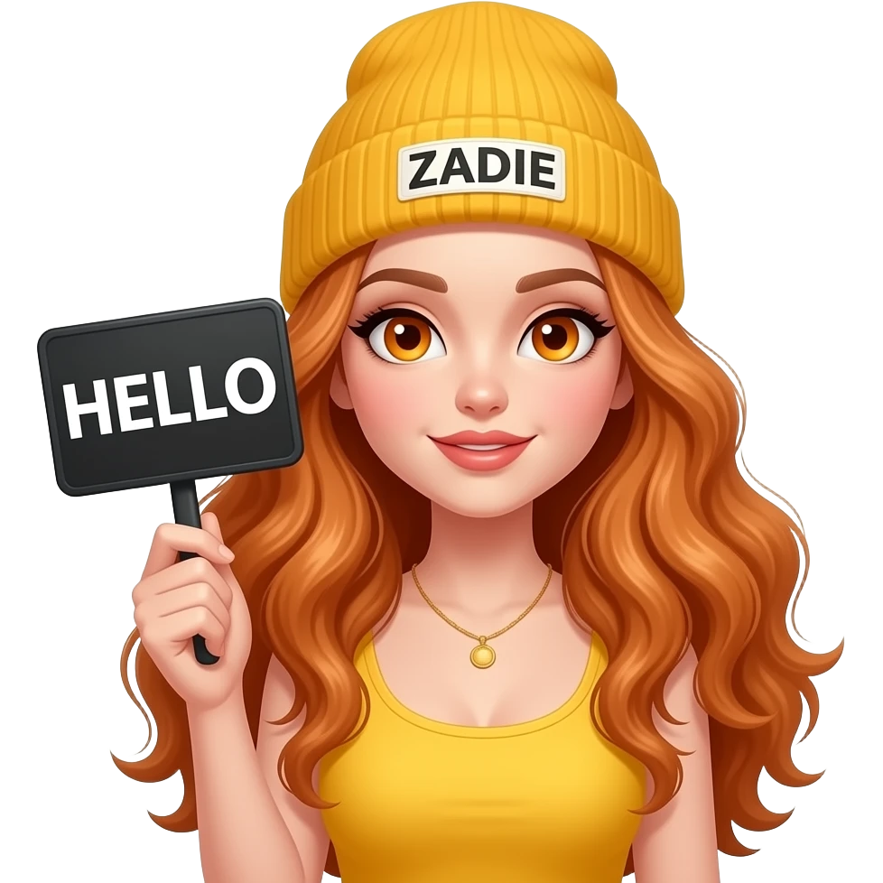 sexy girl with overlong wavy ginger hair and ginger eyes wearing a yellow tanktop and a yellow beanie with ZADIE written on it, is holding a black sign with just HELLO on it emoji