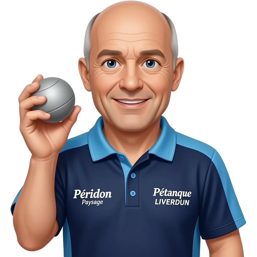 tête homme 60 ans chauve avec boule de pétanque grise à la main sur maillot bleu foncé avec col trois boutons bleu clair avec épaules seules bleu clair coté droit Pétanque LIVERDUN, côté gauche "Péridon Paysage" emoji