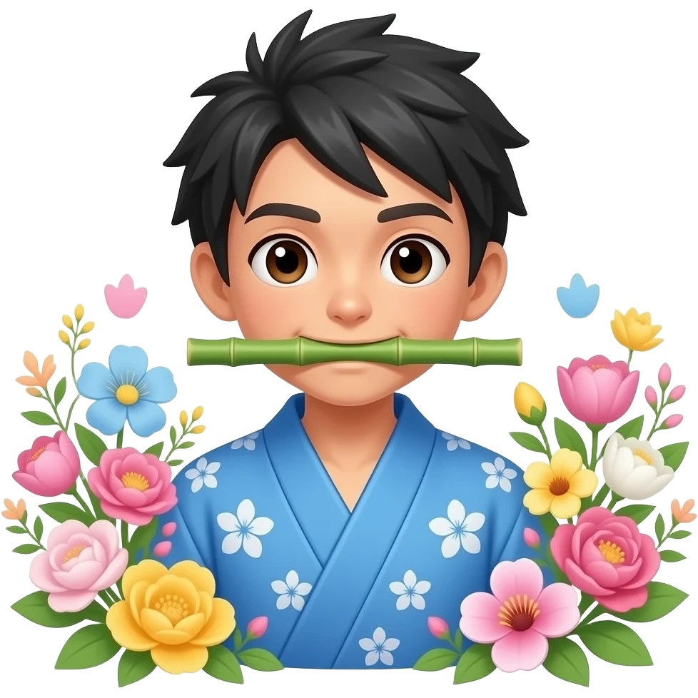 Que se parezca a Nezuco Do azul y el bambú grueso en la boca el kimono azul y flores color pastel  bambú grueso emoji