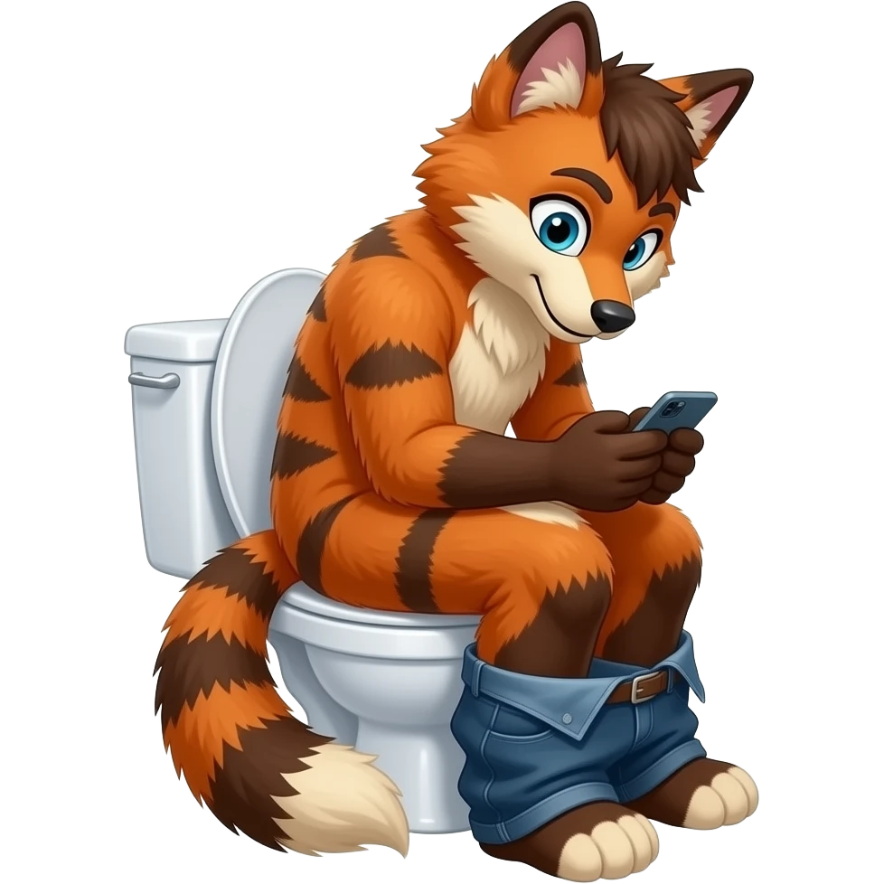 fursuit sitting on toilet, side view, pants down, looking down at phone emoji