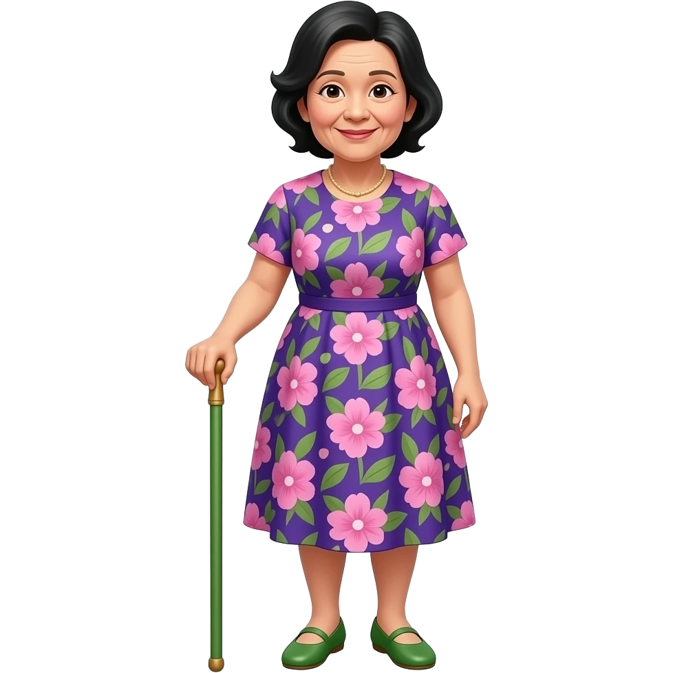 older asian woman with black hair and a purple, pink and green floral dress and green flat shoes, holding an elegant green wood cane emoji
